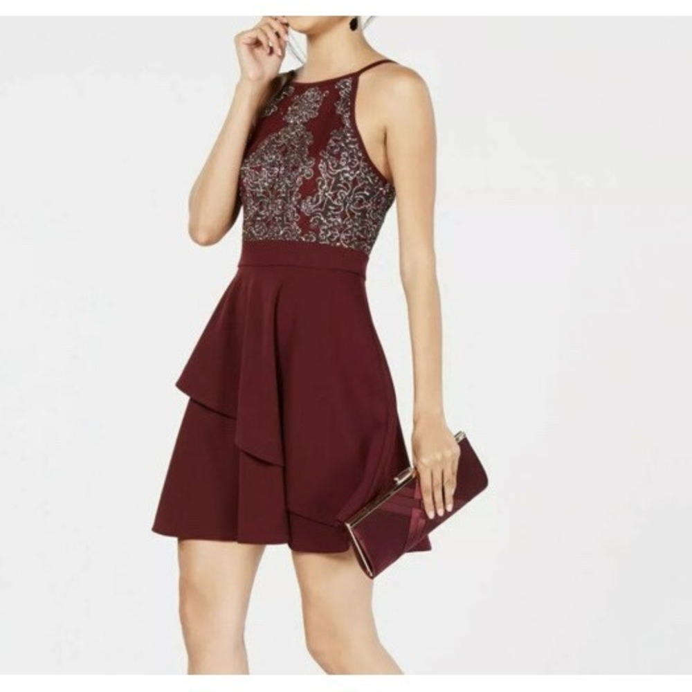 Speechless Kids Formal Dress 13 Red Wine Sleeveless Mini Beaded Party Glitter